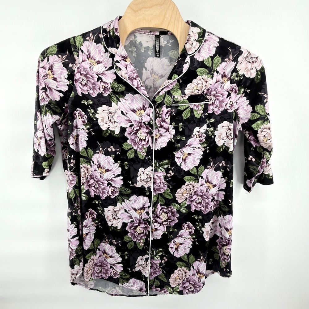 Torrid Sleep Shirt 00 M L Plus Black Purple Floral Button Front Pajama Top